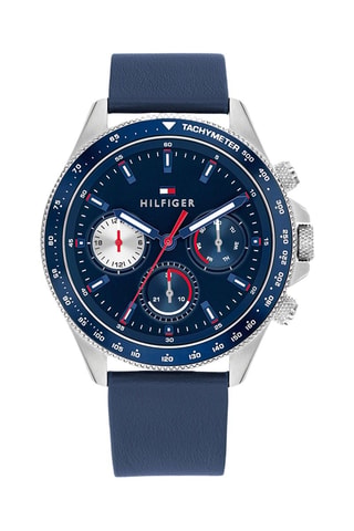 Montre à quartz en cuir - Tachymètre et chronographe - Bleu et argenté