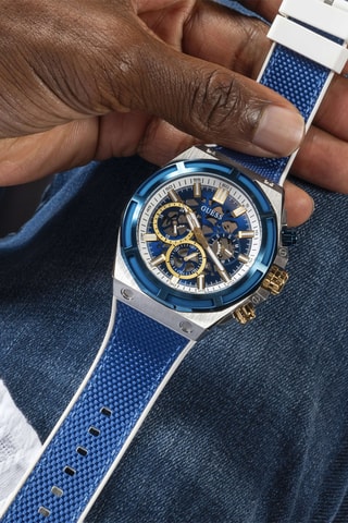 Montre à quartz en silicone nylon - Chronographe - Bleu et argenté