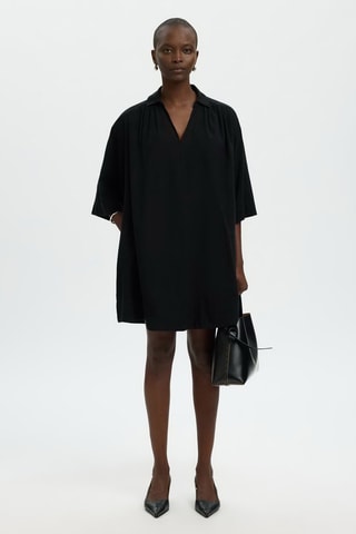 Vestido camisero de lino y algodón orgánico - Negro - Selected