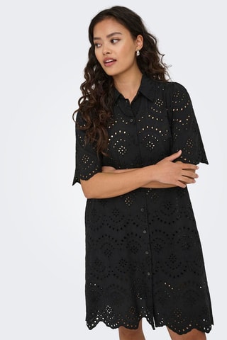 Vestido camisero con bordado inglés - Negro