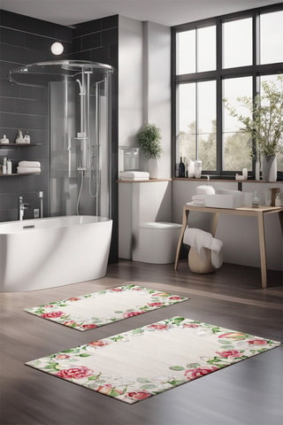 2 tappetini bagno - Beige e rosa - 40 x 60 / 60 x 100 cm