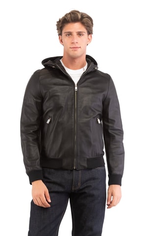 Veste en cuir d'agneau à capuche - Noir
