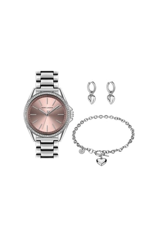Cofanetto orologio al quarzo in acciaio e zirconi, bracciale e orecchini St Tropez