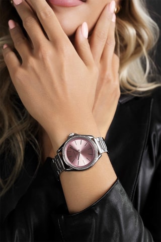 Cofanetto orologio al quarzo in acciaio e zirconi, bracciale e orecchini St Tropez