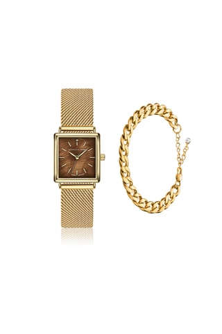 Cofanetto orologio al quarzo placcato Ion oro giallo, madreperla e diamante e bracciale gourmette Marie Rose