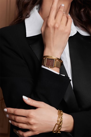 Cofanetto orologio al quarzo placcato Ion oro giallo, madreperla e diamante e bracciale gourmette Marie Rose
