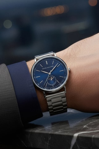 Orologio al quarzo in acciaio - Contatore fasi lunari - Argentato e blu
