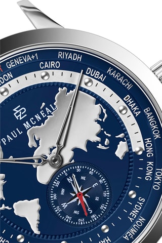 Orologio al quarzo in acciaio - GMT- Argentato e navy - Paul McNeal