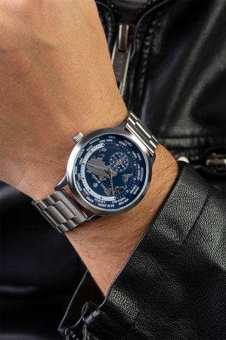Orologio al quarzo in acciaio - GMT - Bussola - Argentato e navy