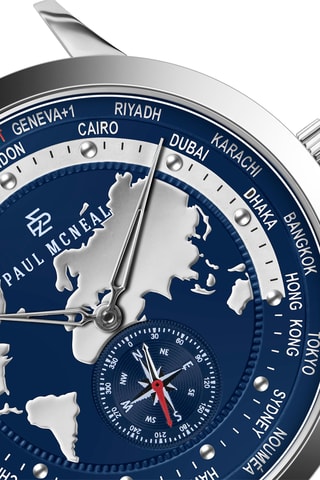 Orologio al quarzo in acciaio - GMT - Bussola - Argentato e navy