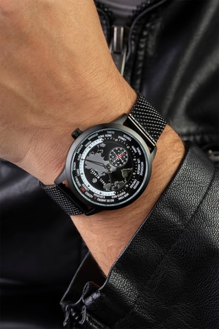 Orologio al quarzo in acciaio - GMT - Bussola - Nero e argentato