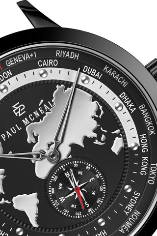 Orologio al quarzo in acciaio - GMT - Bussola - Nero e argentato