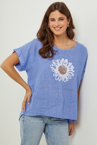 Camiseta oversize de lino - Azul y blanco