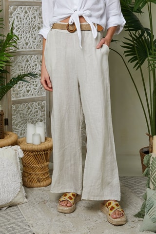 Pantalón ancho de tiro alto de lino - Beige