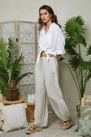 Pantalón ancho de tiro alto de lino - Beige