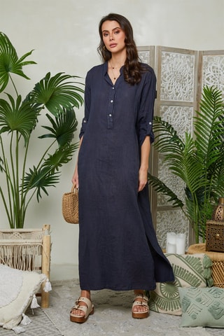 Vestido camisero de lino - Azul marino