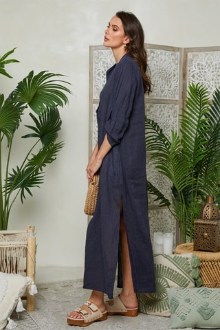Vestido camisero de lino - Azul marino