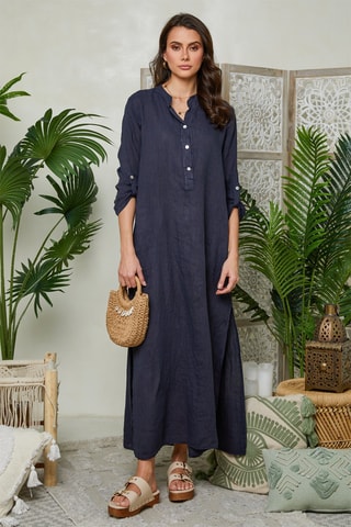 Vestido camisero de lino - Azul marino