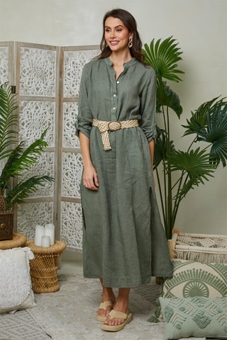 Vestido camisero de lino - Caqui