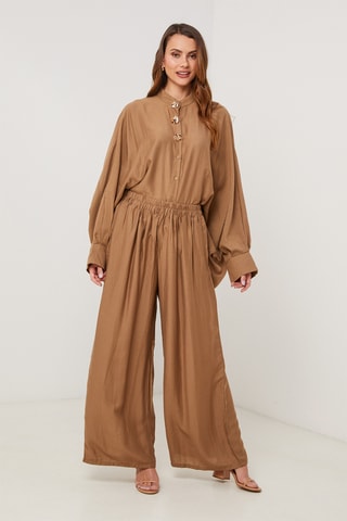 Camisa y pantalón wide leg de lino - Camel