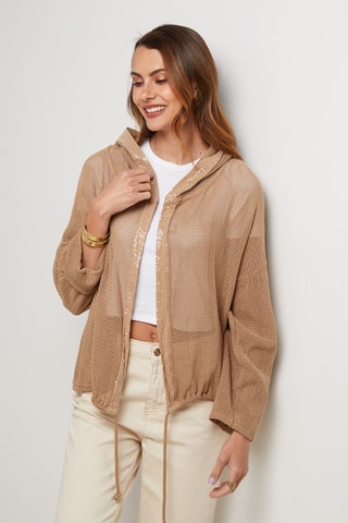 Cárdigan de lino con capucha - Camel