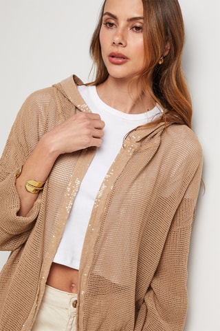 Cárdigan de lino con capucha - Camel