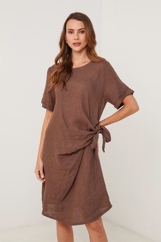 Vestido recto de lino - Marrón