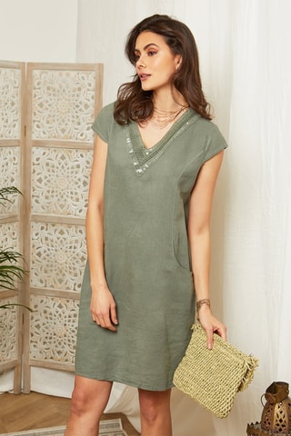 Vestido recto de lino - Caqui