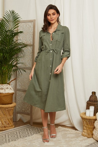 Vestido largo de lino - Caqui