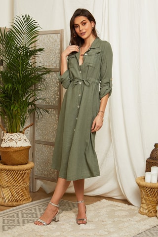 Vestido largo de lino - Caqui