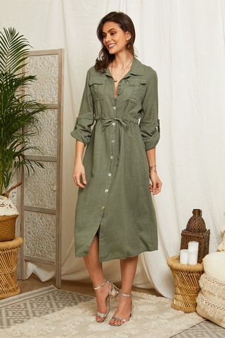 Vestido largo de lino - Caqui