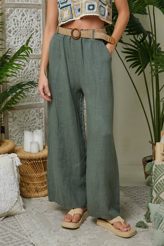 Pantalón ancho de tiro alto de lino - Caqui