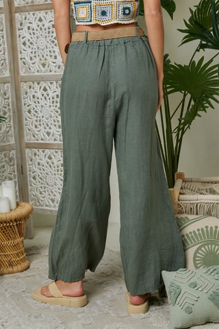 Pantalón ancho de tiro alto de lino - Caqui