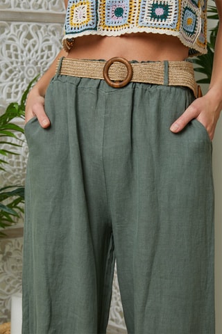 Pantalón ancho de tiro alto de lino - Caqui