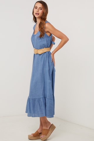 Vestido midi de lino sin mangas - Azul