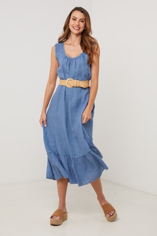 Vestido midi de lino sin mangas - Azul