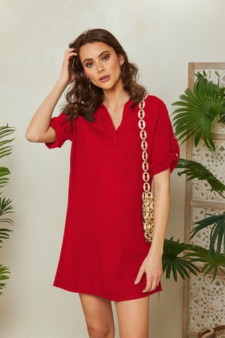 Vestido recto de lino - Rojo