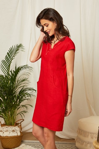 Vestido recto de lino - Rojo