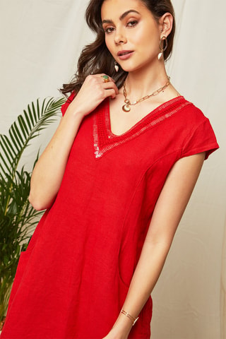 Vestido recto de lino - Rojo