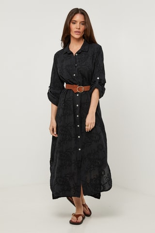Vestido camisero de lino - Negro