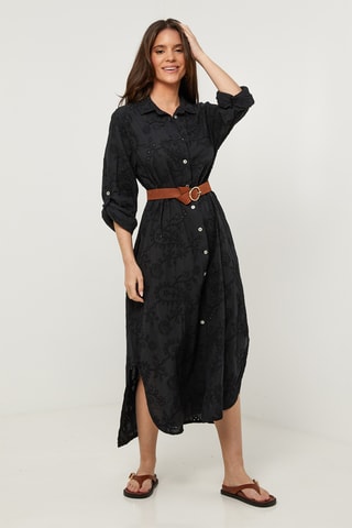 Vestido camisero de lino - Negro