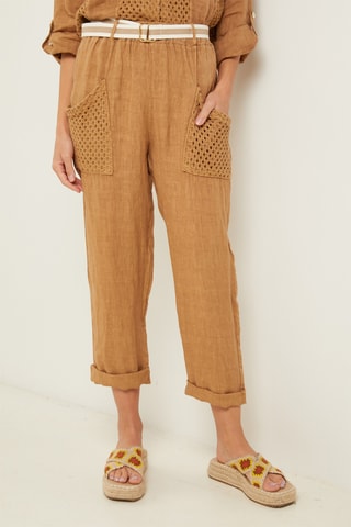 Pantalón recto 7/8 de lino - Camel