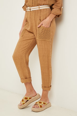 Pantalón recto 7/8 de lino - Camel