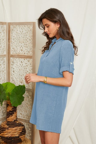 Vestido recto de lino - Azul