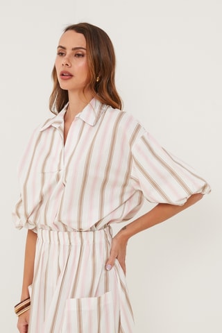 Top de lino - Blanco y rosa