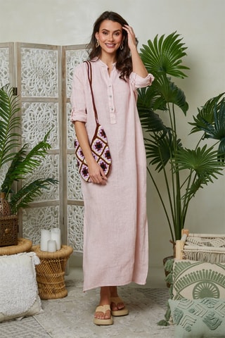 Vestido camisero de lino - Rosa
