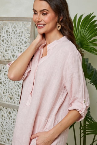 Vestido camisero de lino - Rosa