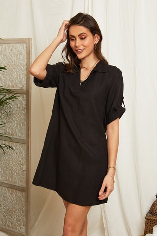 Vestido recto de lino - Negro