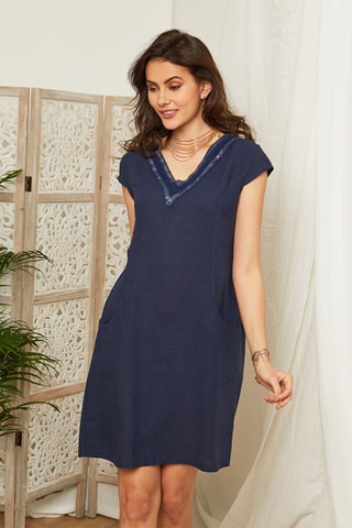 Vestido recto de lino - Azul marino