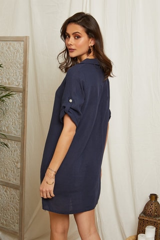 Vestido recto de lino - Azul marino